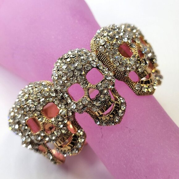 Gold Crystal Skull Bracelet Stretchy Skull Bracelet Halloween Bracelet - Picture 1 of 8